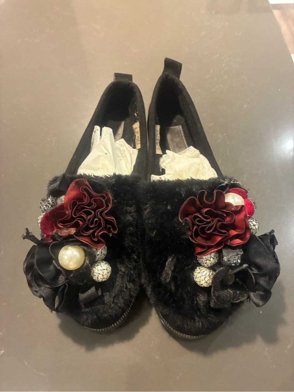 Black Faux-Fur Ballet Flats with Red Floral Accents